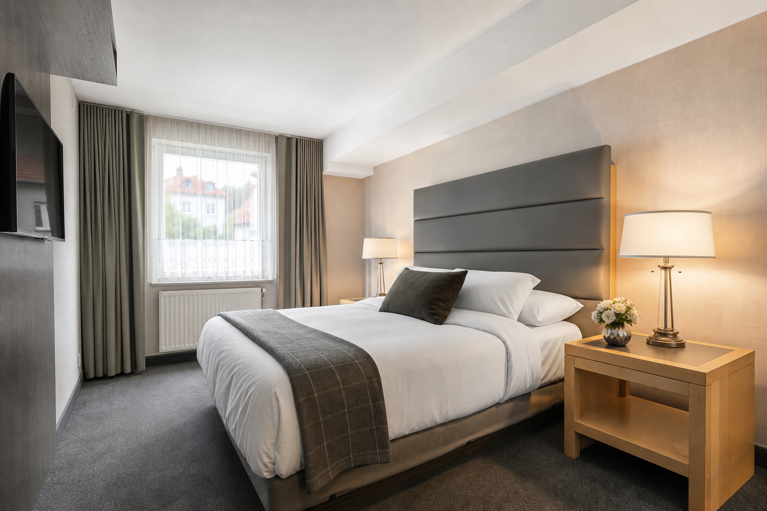 Apartmentzimmer mit Bett, Tisch und Fenster